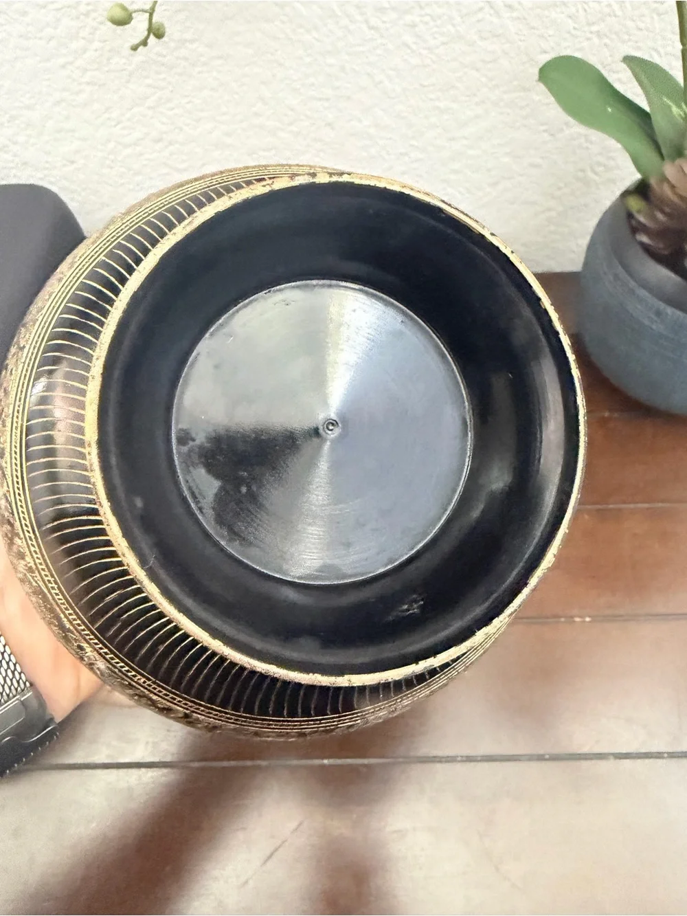 Vintage Indian Hand-Etched Brass & Black Lacquer Peacock Vase